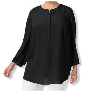 JM Collection Pleat-Back 3/4 Sleeve Henley Blouse Top Petite Large/PL Black NWT